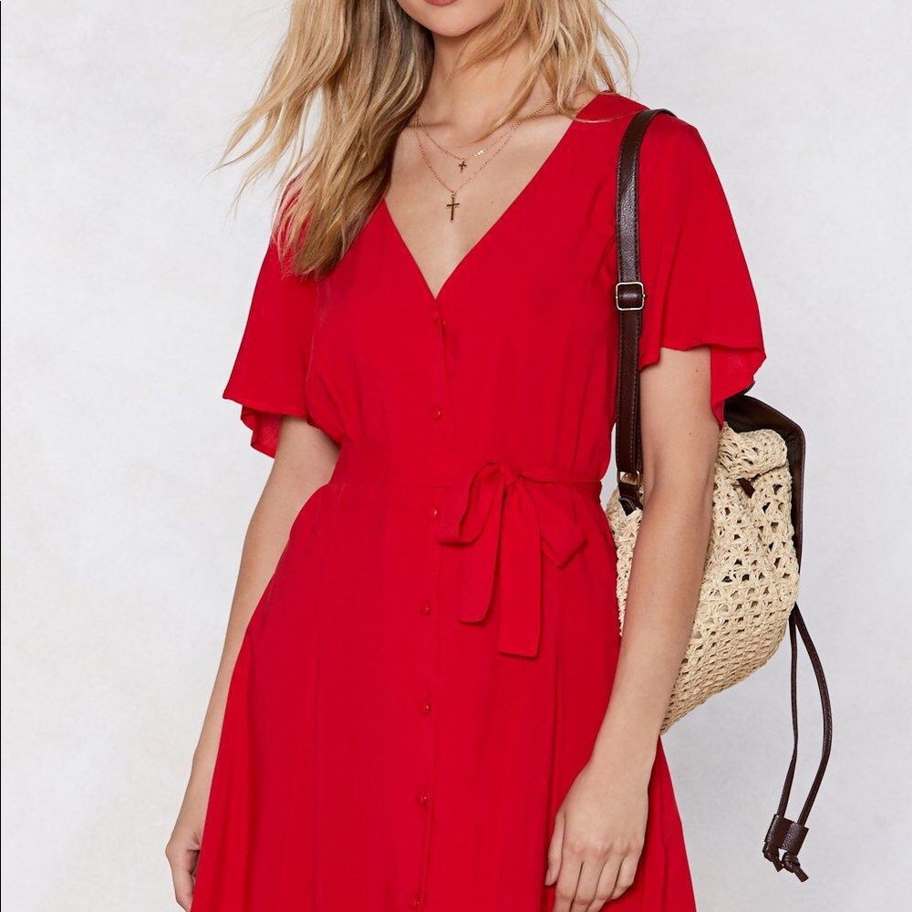 Red Tie Waist Button Down Dress - Picture 2 of 4